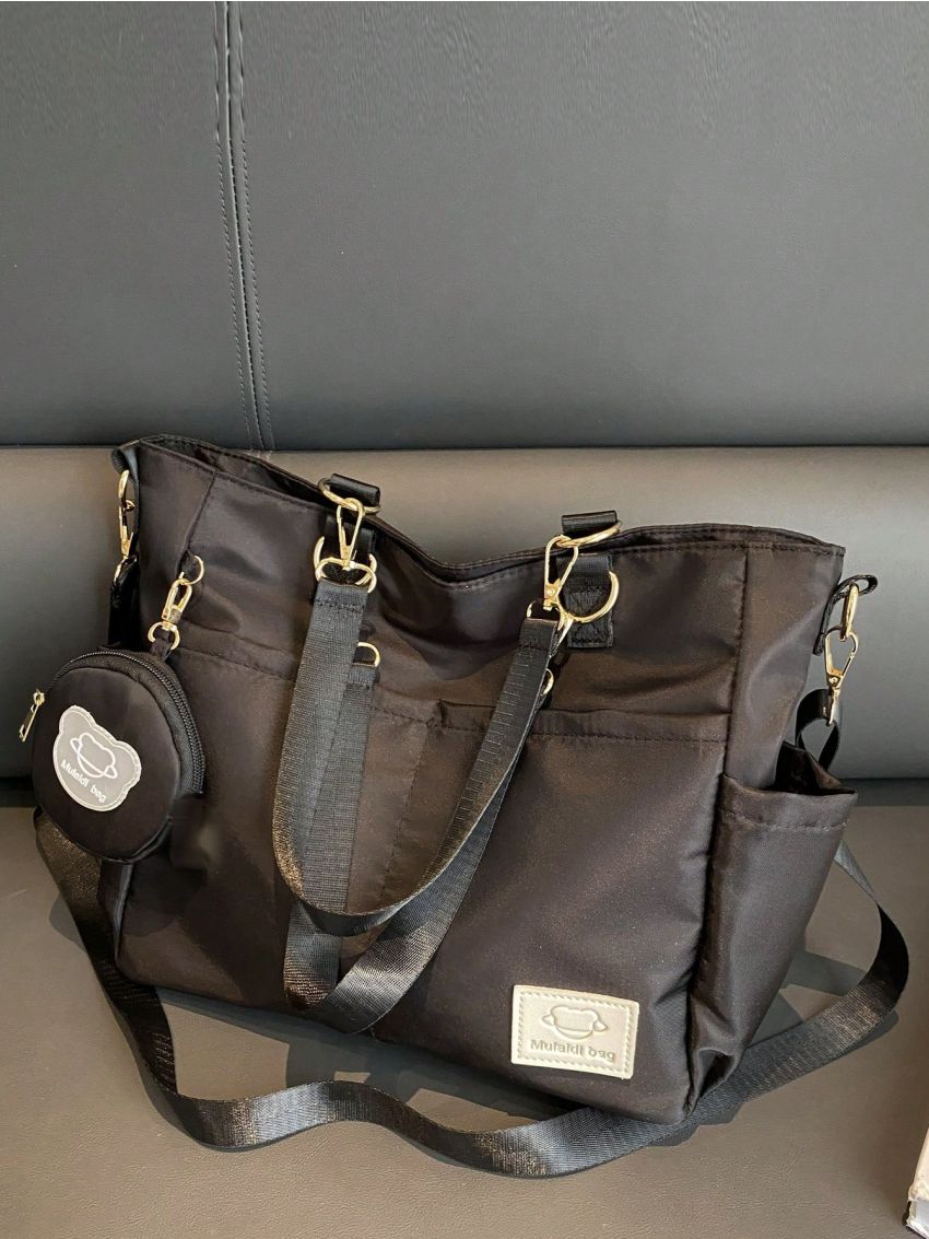 Letter Patch Shoulder Tote Bag Pocket Front Double Handle With Coin Purse For Daily