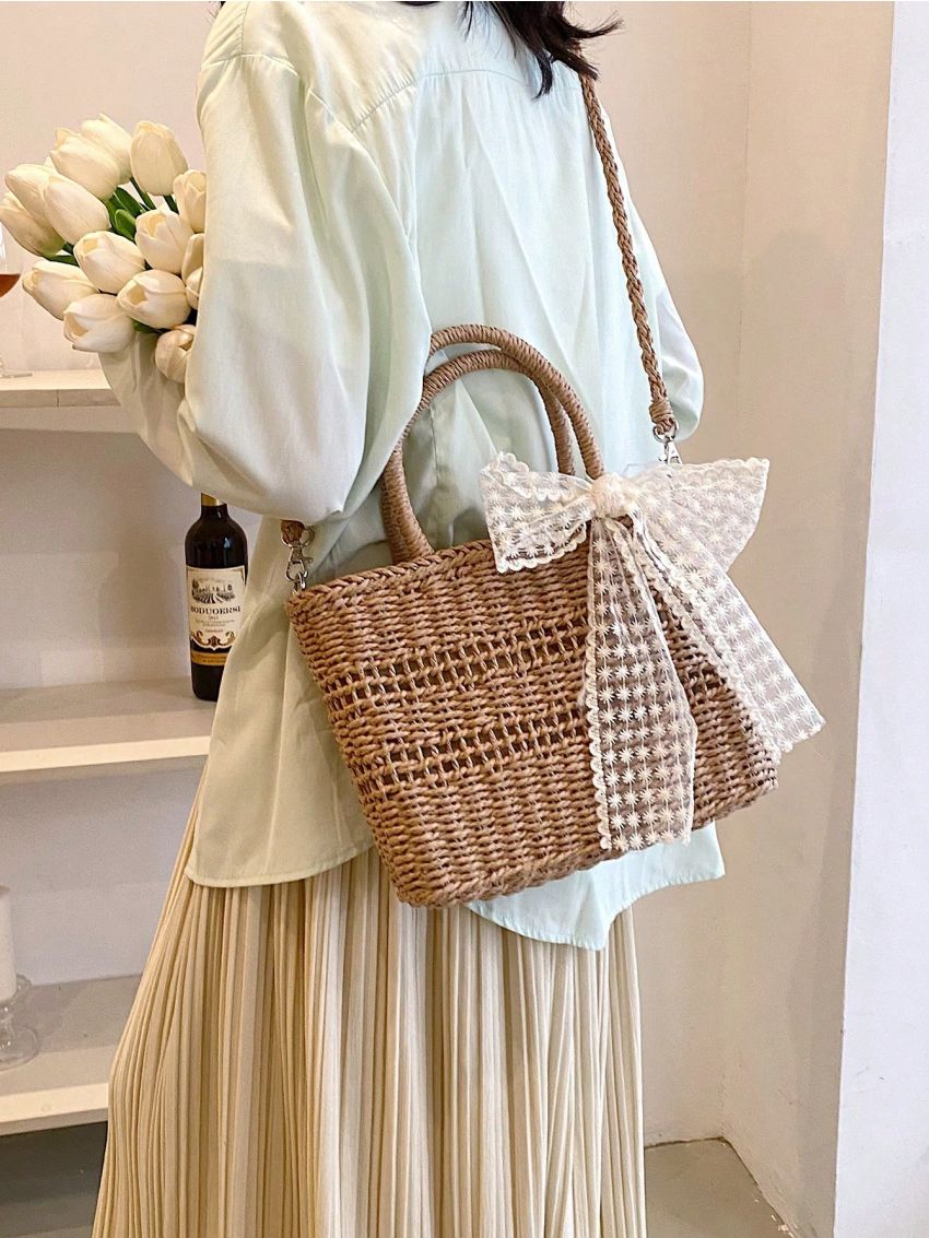 Medium Straw Bag Hollow Out Detail Double Handle Twilly Scarf Decor