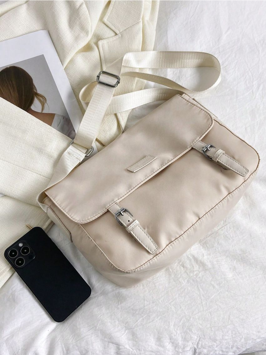 Letter Patch Decor Messenger Bag Buckle Decor Flap