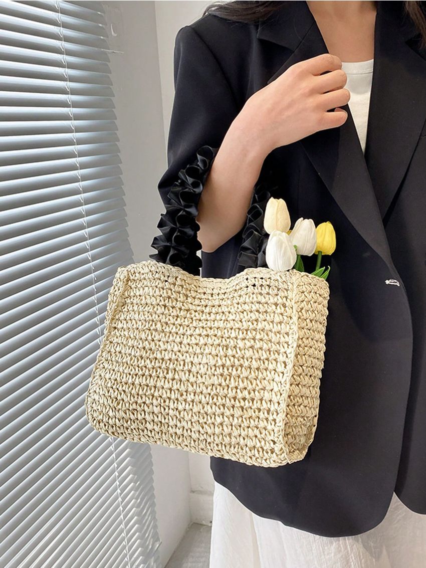 Minimalist Straw Bag Small Ruched Handle Vacation