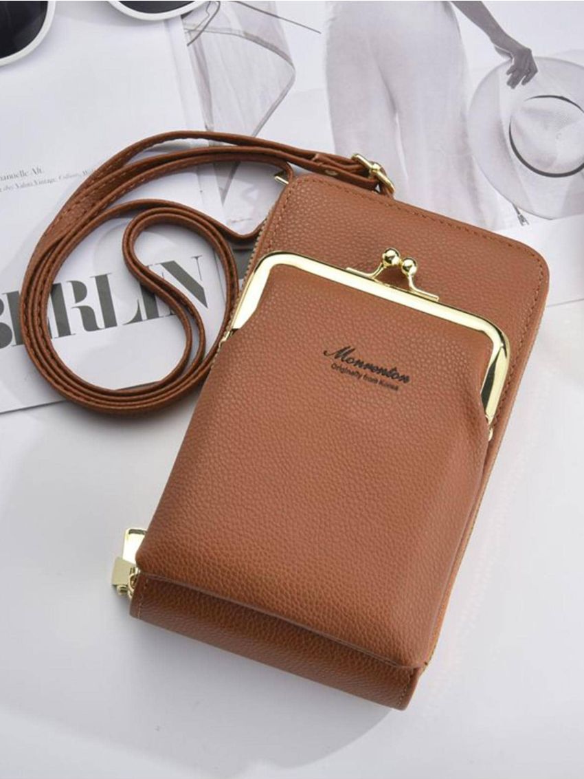 Brown Phone Wallet Letter Detail Kiss Lock