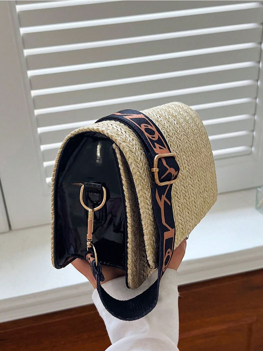 Khaki Straw Bag Minimalist Flap For Vacation