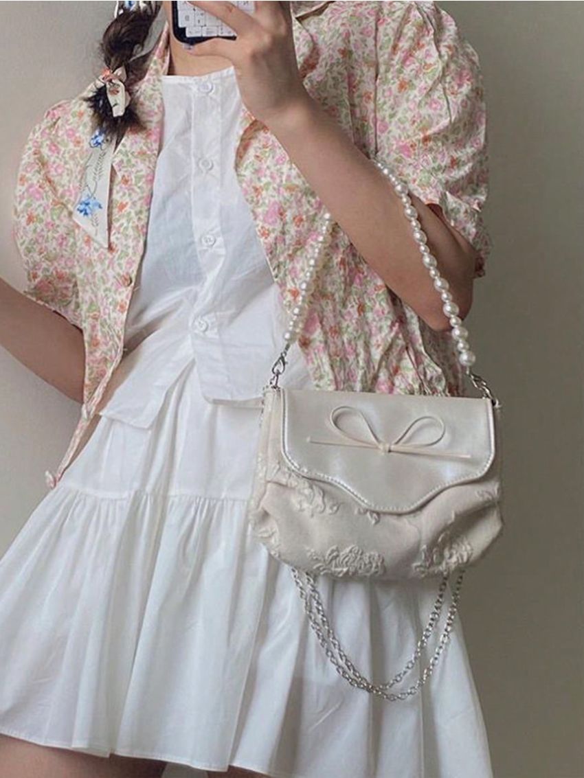 Mini Shoulder Flap Faux Pearl Detail Bow Decor