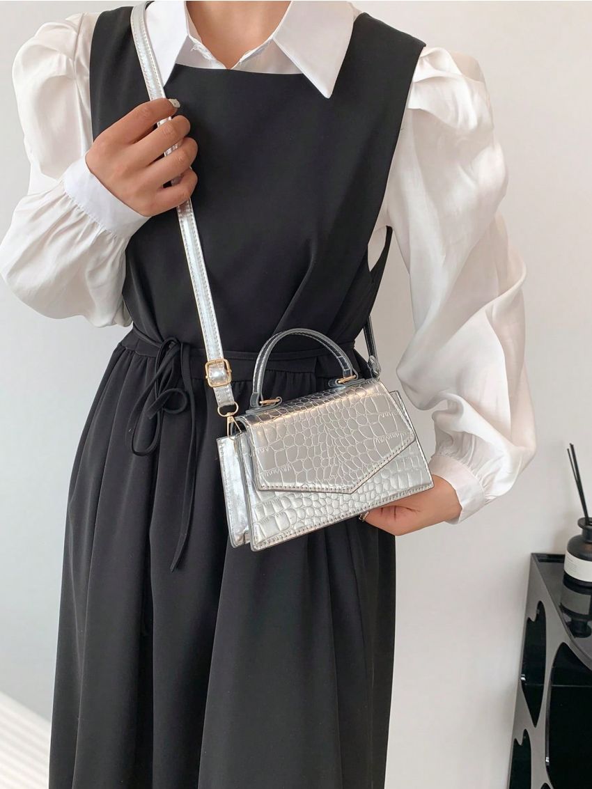 Mini Flap Square Bag Crocodile Embossed Metallic Funky