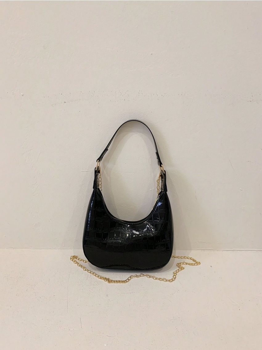 Crocodile Embossed Hobo Bag Mini Black