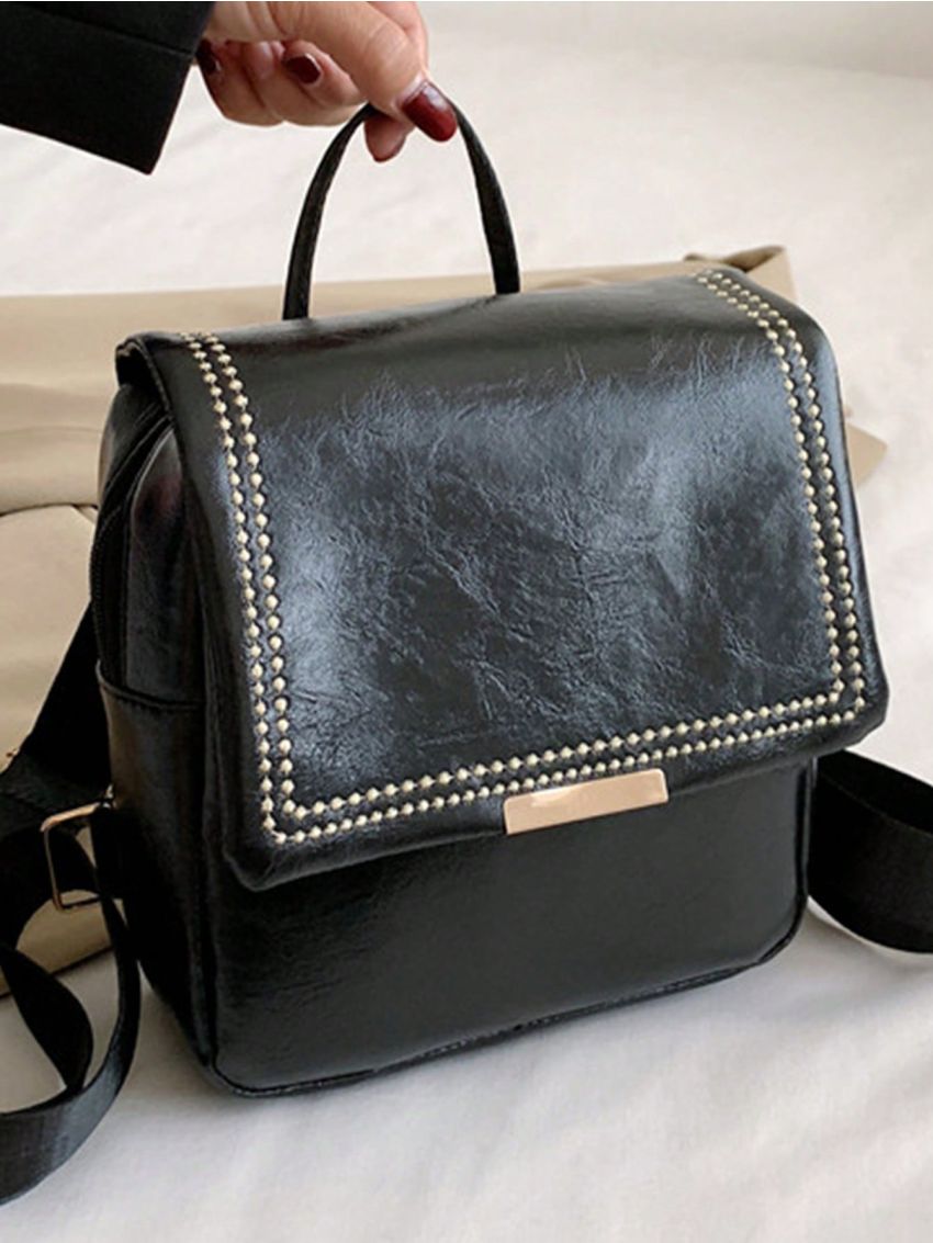 Embroidered Detail Flap Backpack Small Black