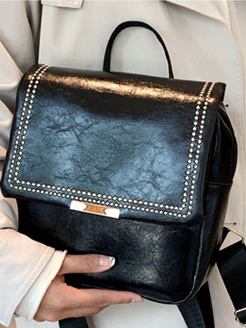 Embroidered Detail Flap Backpack Small Black