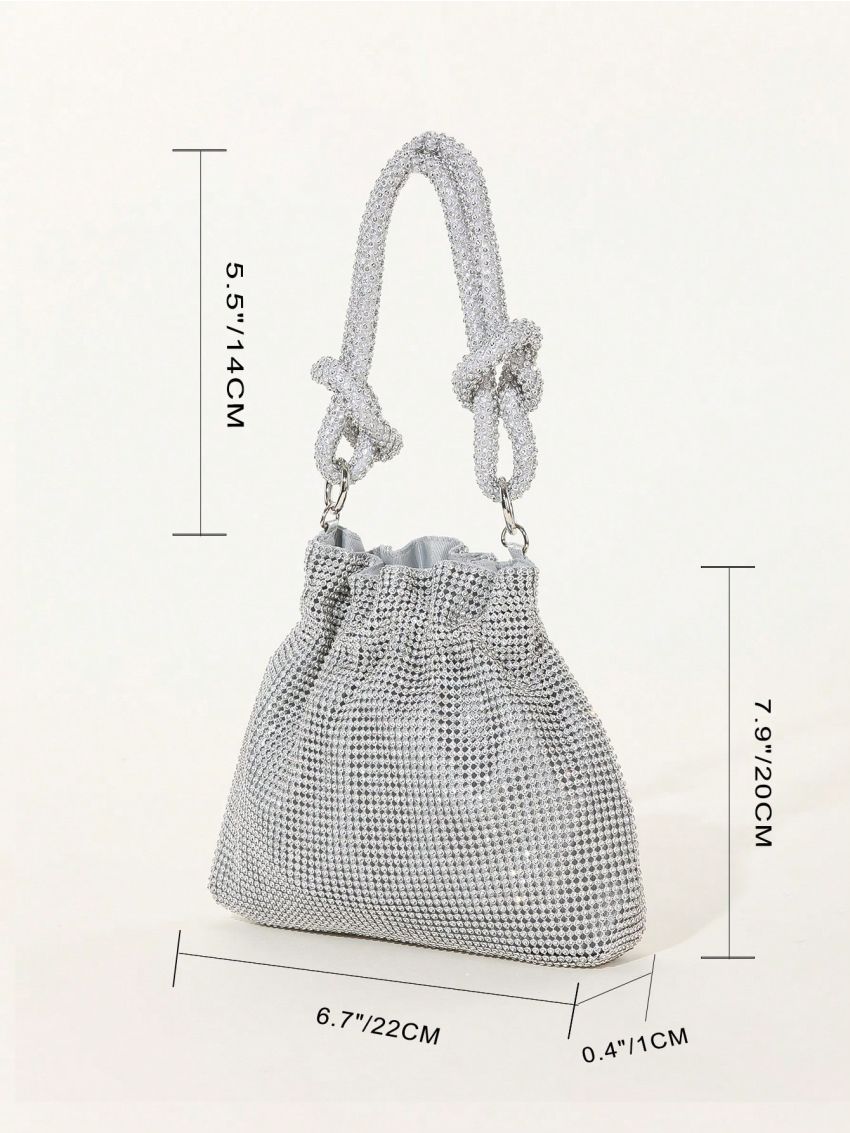 Small Bucket Bag Silver Rhinestone Decor For Party