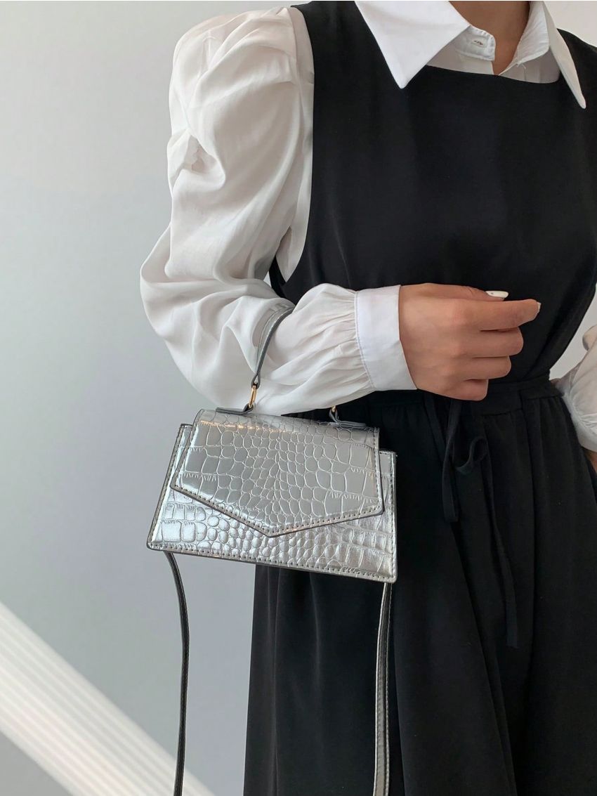 Mini Flap Square Bag Crocodile Embossed Metallic Funky