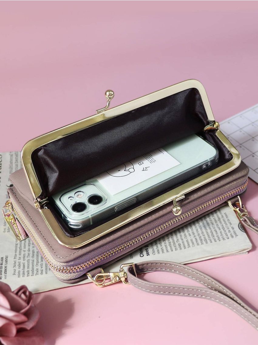 Letter Print Phone Wallet Dusty Pink Credit Card Holder For Daily