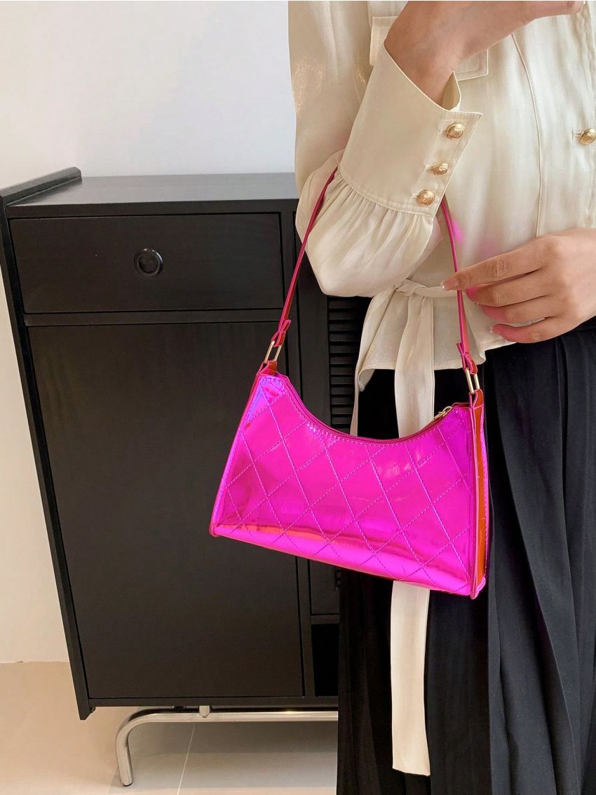 Rhombus Pattern Baguette Bag Hot Pink Fashionable