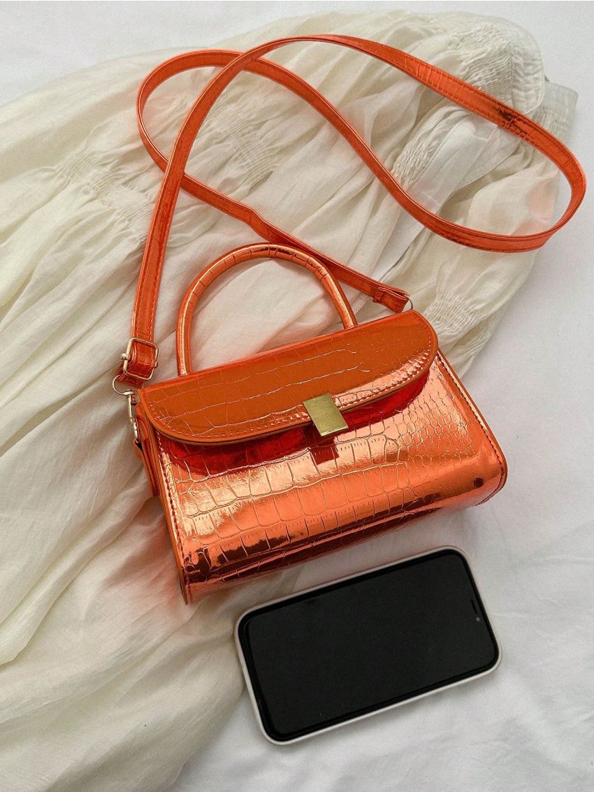 Mini Square Bag Crocodile Embossed Flap Top Handle