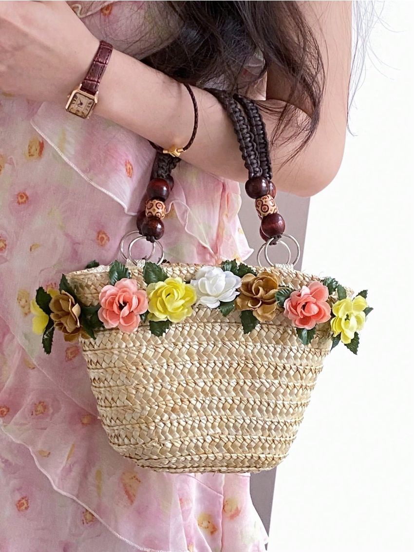 Flower Decor Straw Bag For Vacation