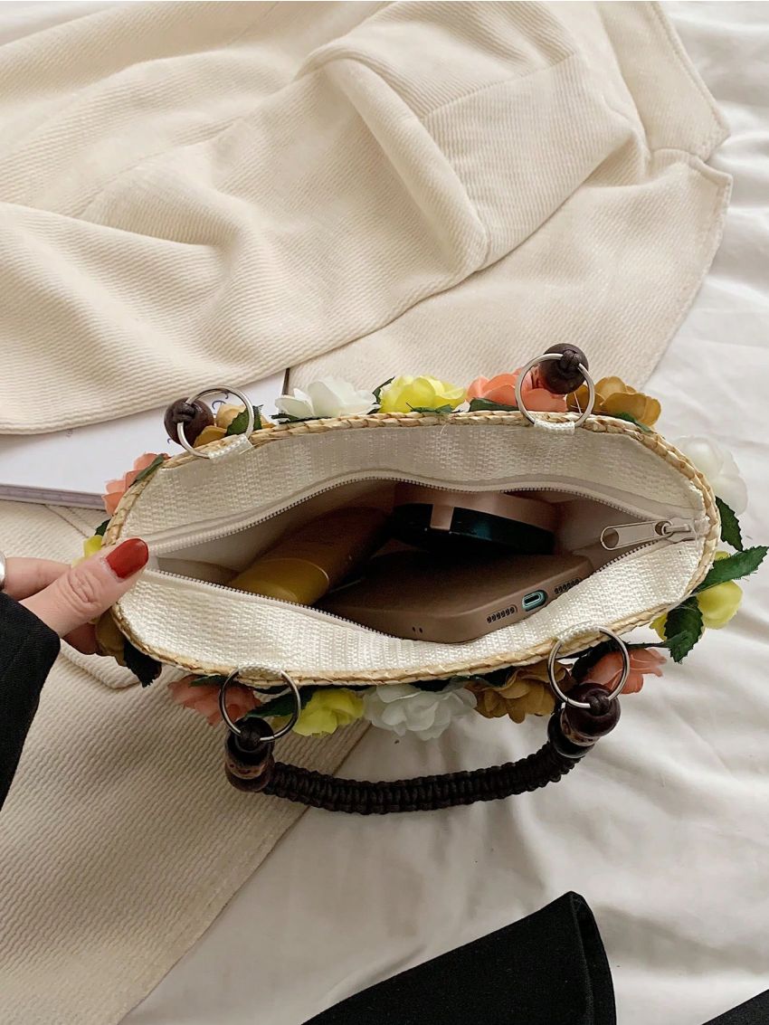 Flower Decor Straw Bag For Vacation