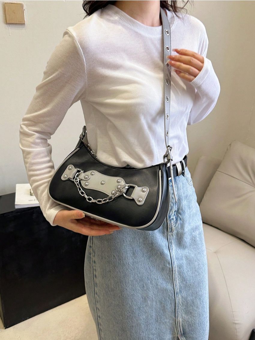 Medium Hobo Bag Studded & Chain Decor Contrast Binding