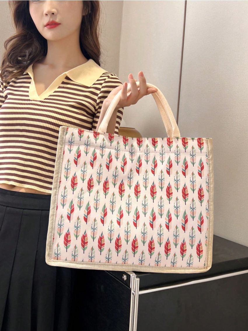 2pcs Bag Set Leaf Graphic Shopper Bag Black Purse