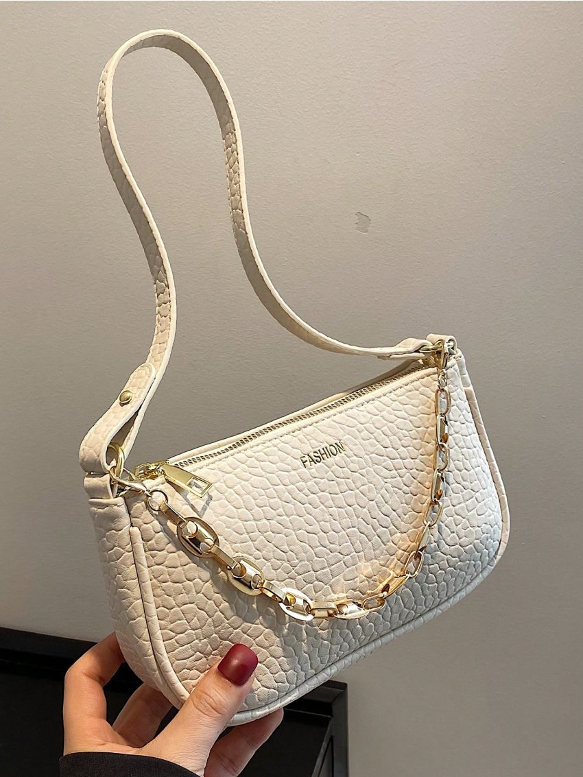 Small Baguette Bag Embossed Detail Letter Graphic Chain Decor