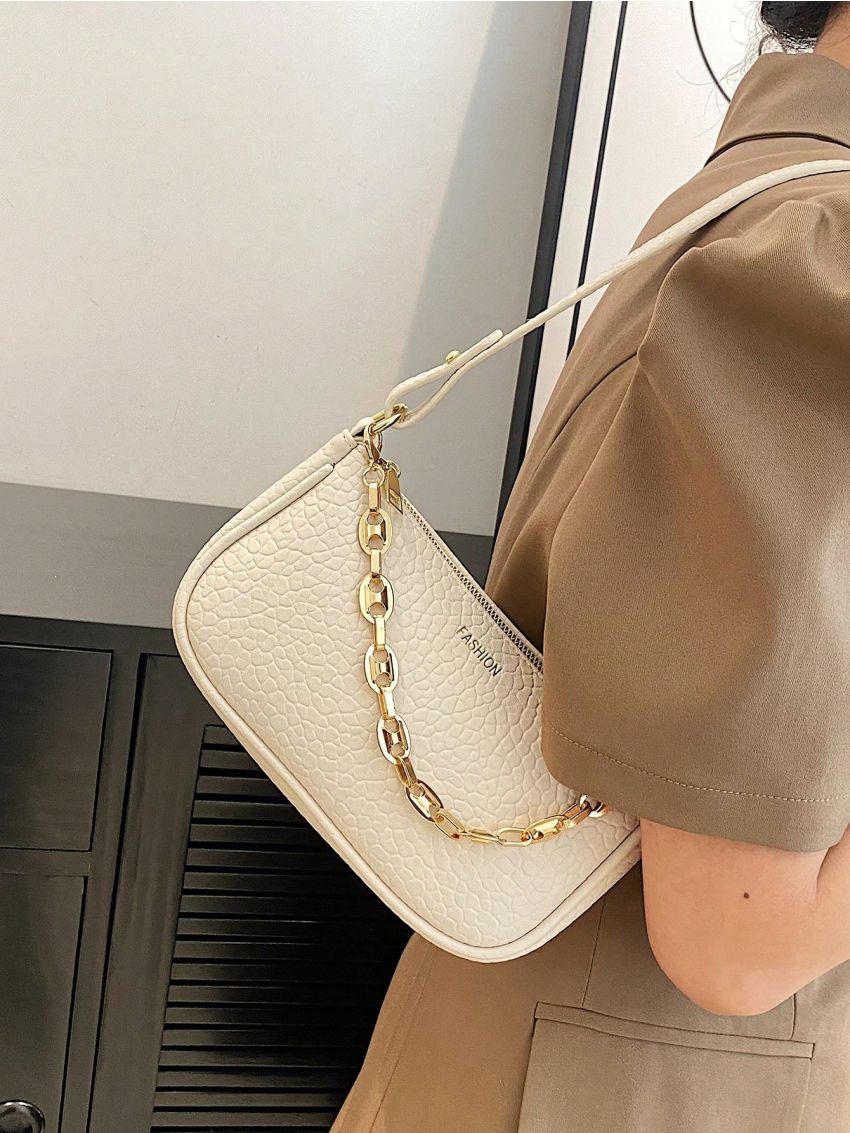 Small Baguette Bag Embossed Detail Letter Graphic Chain Decor
