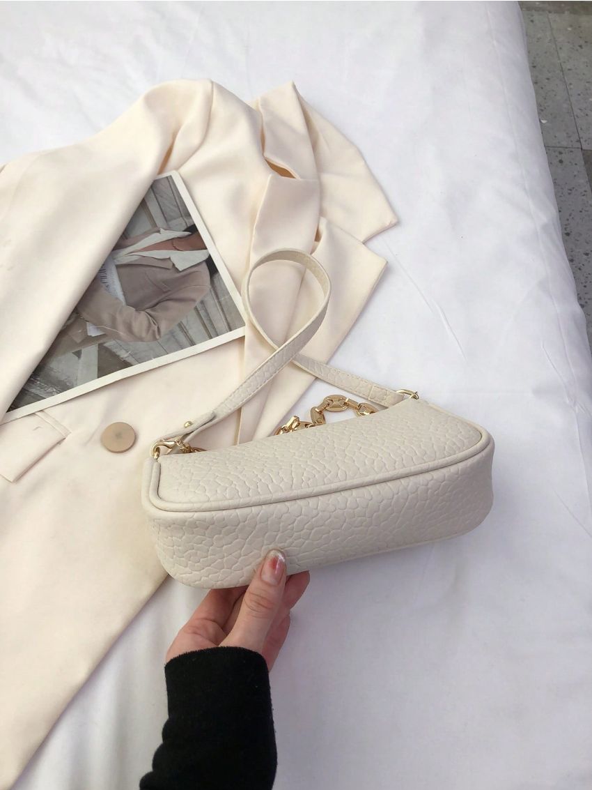 Small Baguette Bag Embossed Detail Letter Graphic Chain Decor