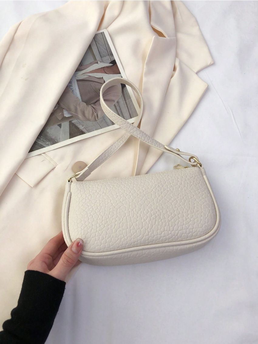 Small Baguette Bag Embossed Detail Letter Graphic Chain Decor