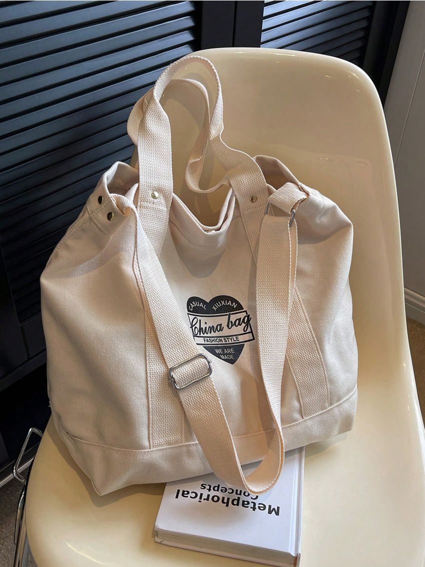 Large Capacity Tote Bag Colorblock Letter Print Double Handle