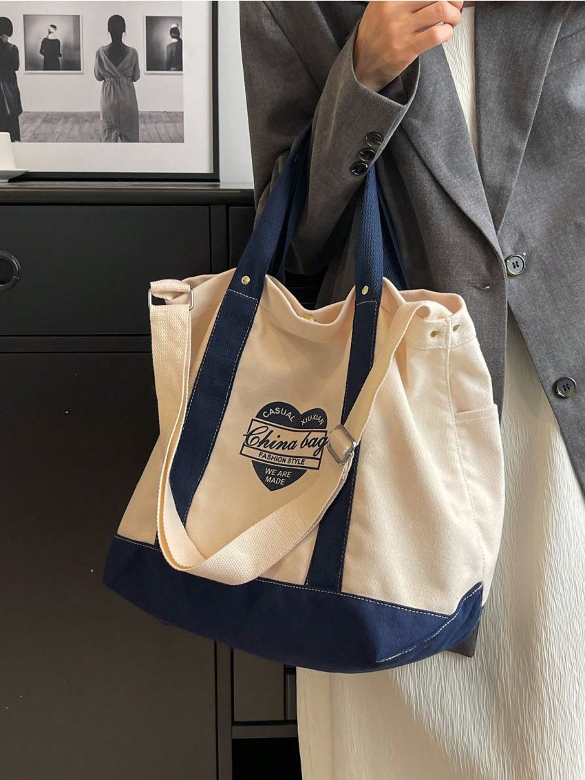 Large Capacity Tote Bag Colorblock Letter Print Double Handle