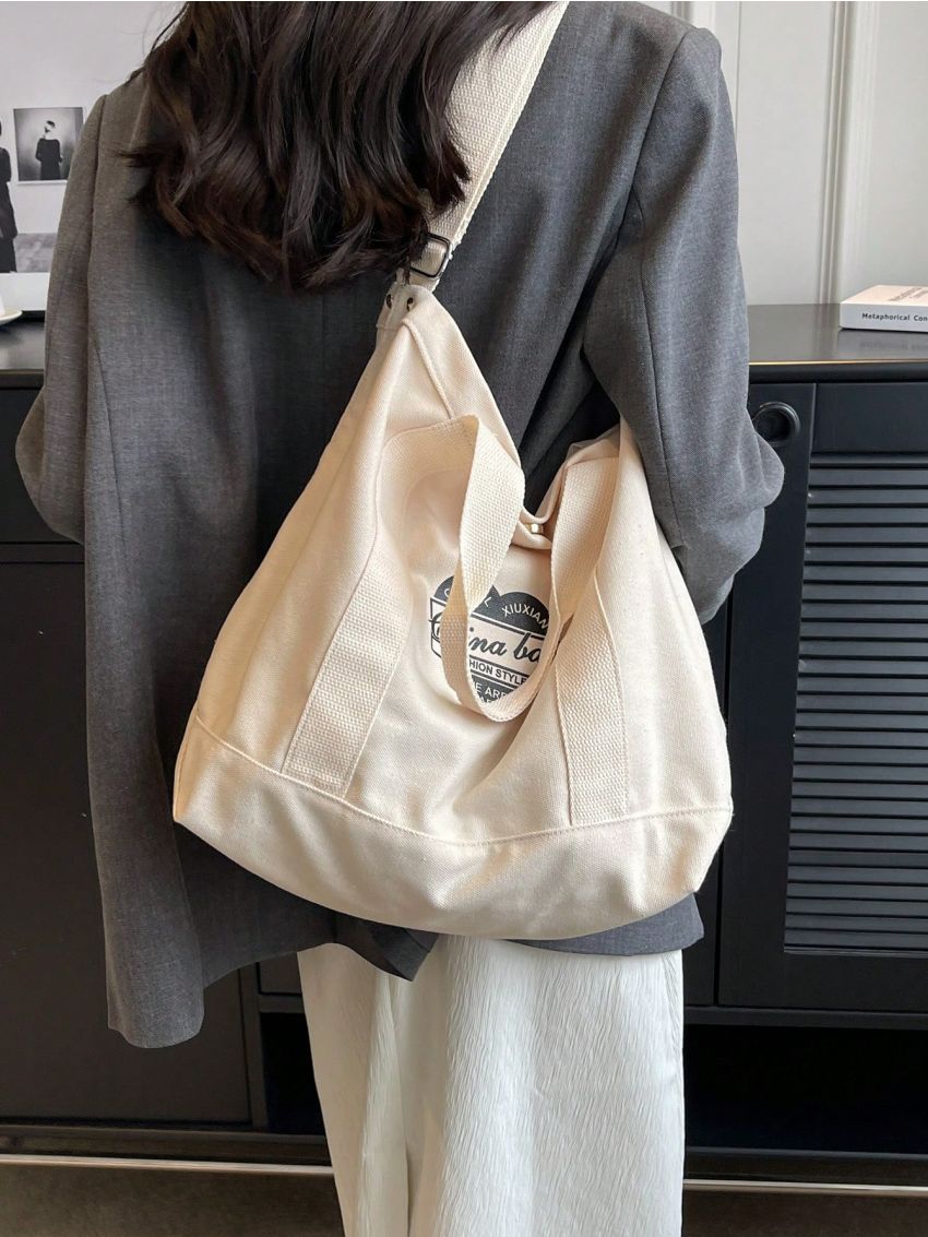 Large Capacity Tote Bag Colorblock Letter Print Double Handle