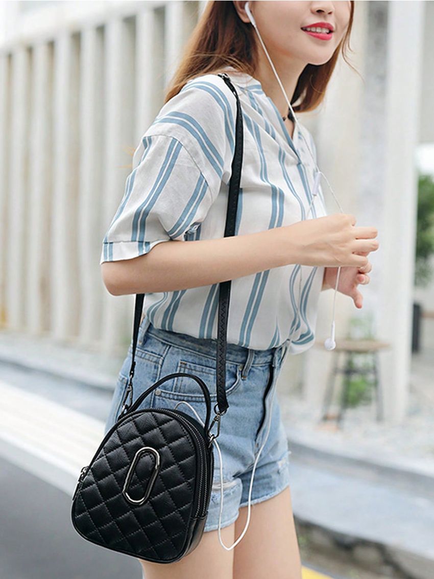 Mini Satchel Bag Quilted Metal Decor Top Handle