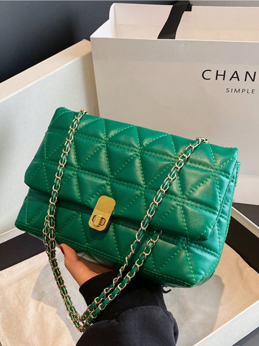 Quilted Square Bag Green Fashionable Chain Strap