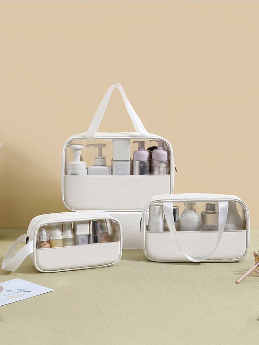 3pcs White Toiletry Bag Set Casual Transparent Zipper PU