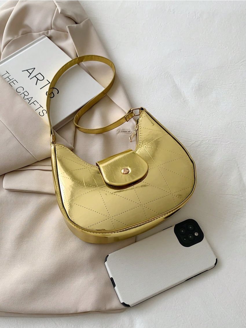 Metallic Hobo Bag Funky Geometric Embossed Magnet Zipper PU