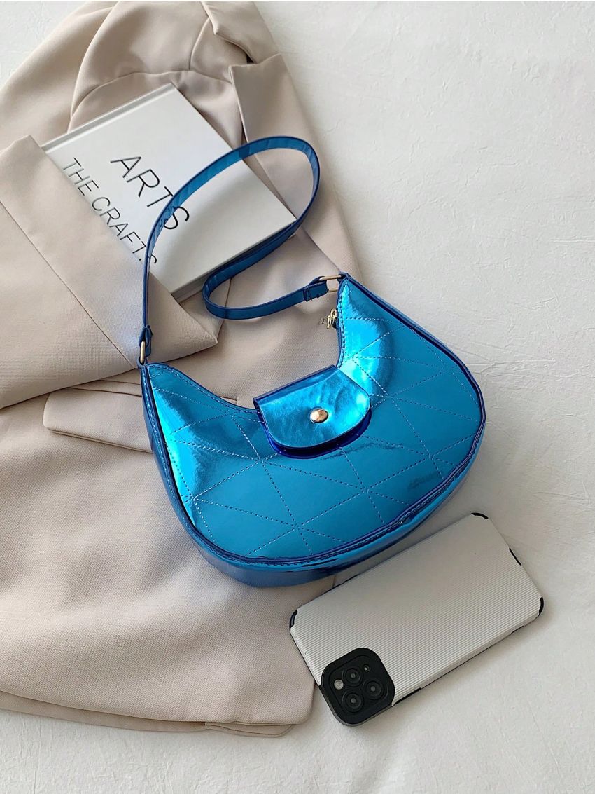 Blue Hobo Bag Funky Metallic Geometric Embossed Magnet Zipper PU