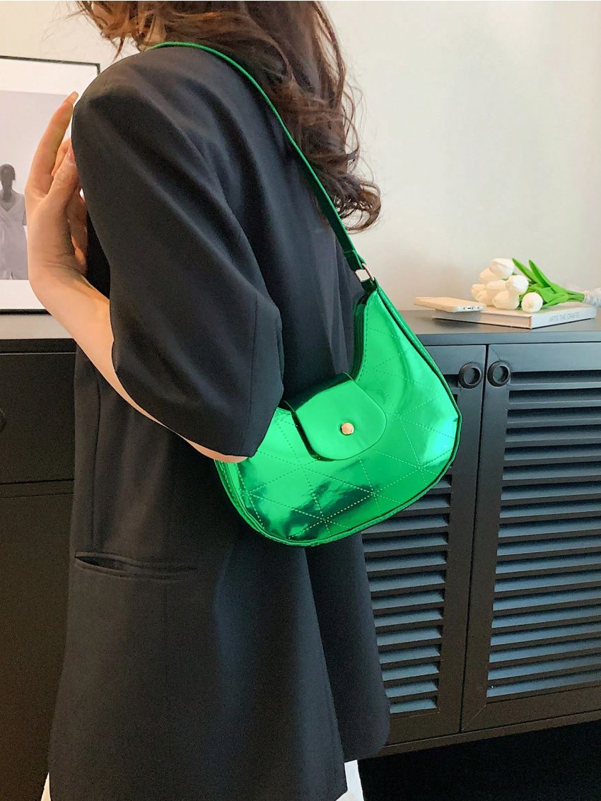 Blue Hobo Bag Funky Metallic Geometric Embossed Magnet Zipper PU