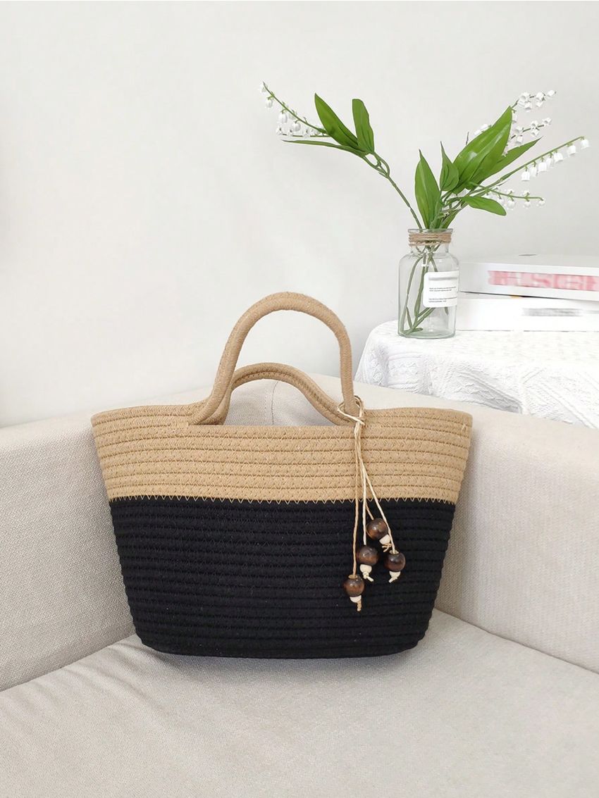 Rope Decor Straw Bag Two Tone Vacation