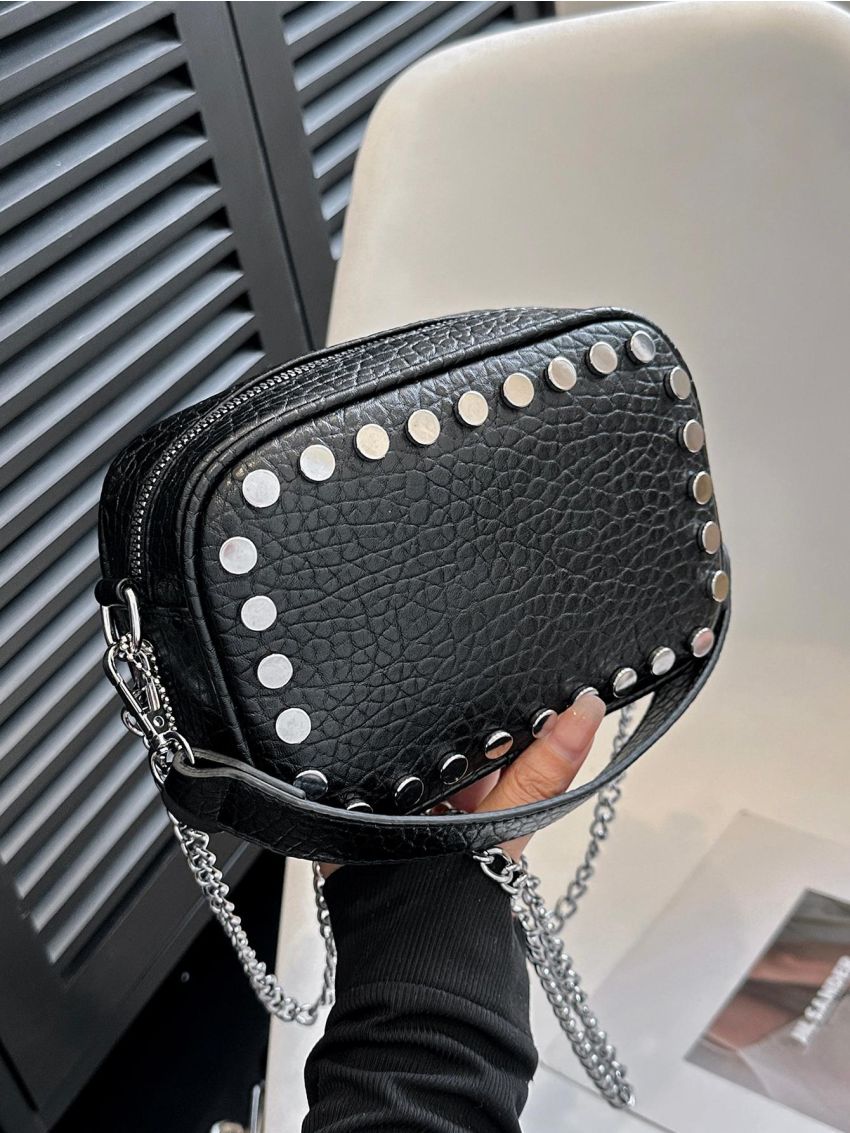 Studded Decor Square Bag PU Litchi Embossed