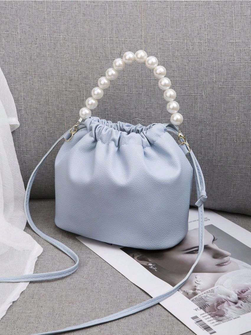 PU Bucket Bag Drawstring Faux Pearl Decor Litchi Embossed