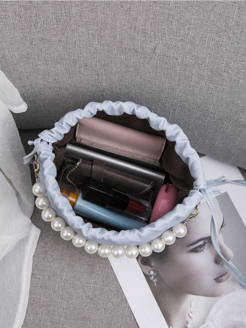 PU Bucket Bag Drawstring Faux Pearl Decor Litchi Embossed