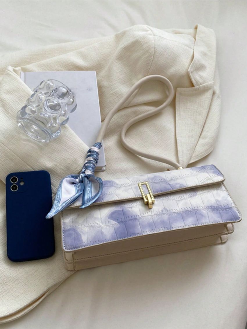 PU Baguette Bag Twilly Scarf Decor Crocodile Embossed