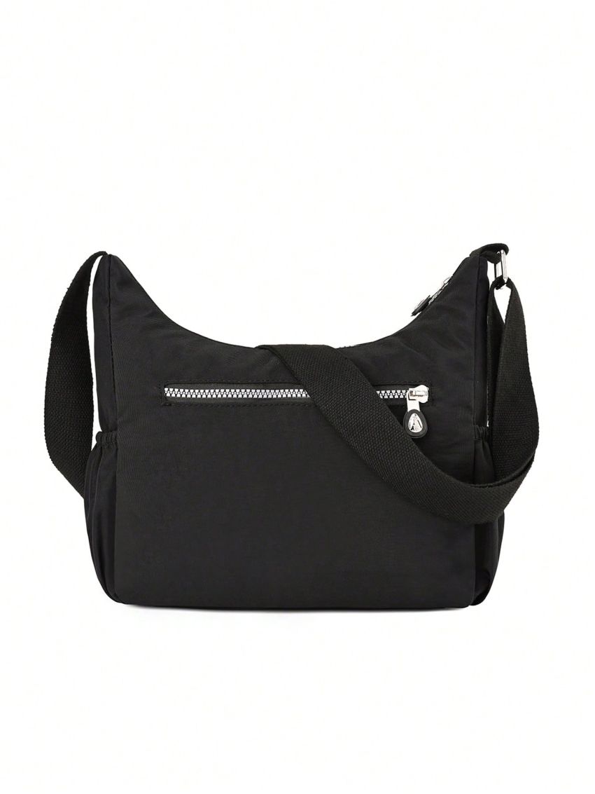 Black Hobo Bag Letter Patch Decor Nylon