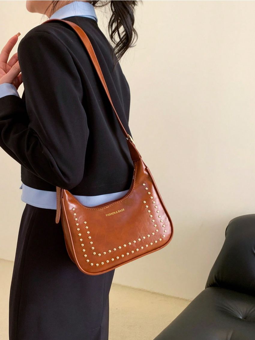 PU Hobo Bag Studded Decor Letter Detail