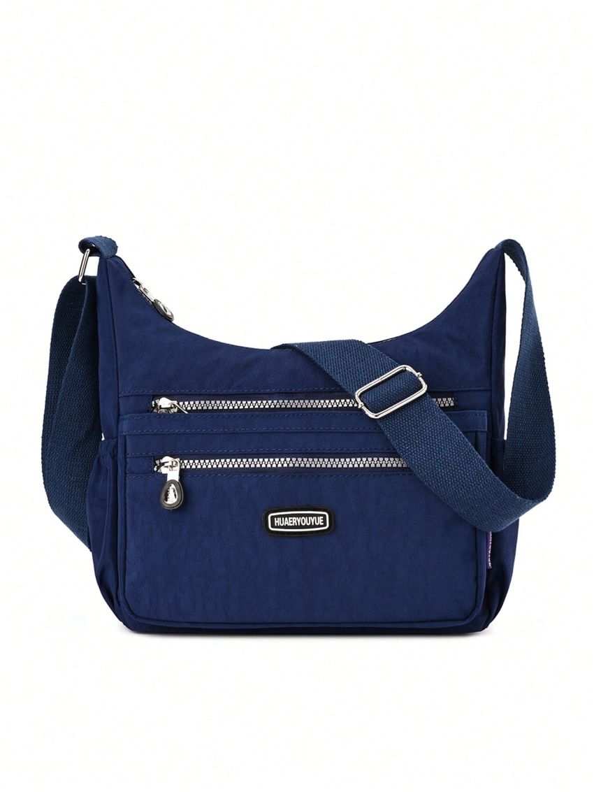 Letter Patch Hobo Bag With Zipper Nylon Fashion