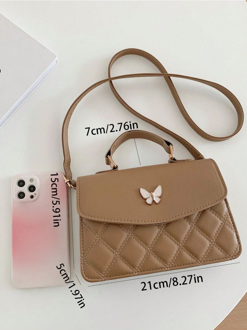 PU Square Bag Argyle Quilted Butterfly Decor