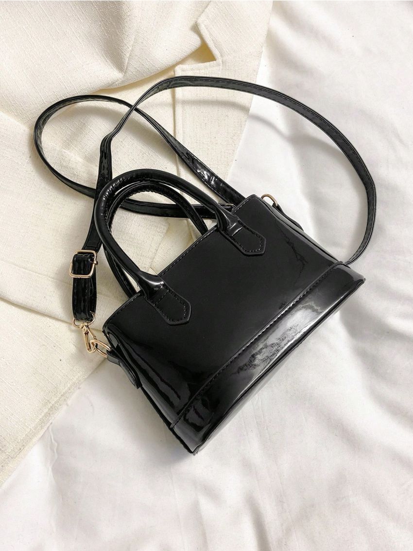 Mini Bucket Bag Double Handle With Zipper Black PU