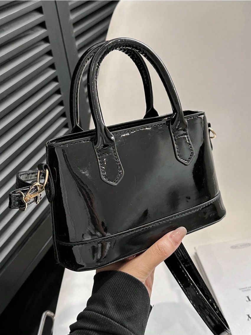 Mini Bucket Bag Double Handle With Zipper Black PU