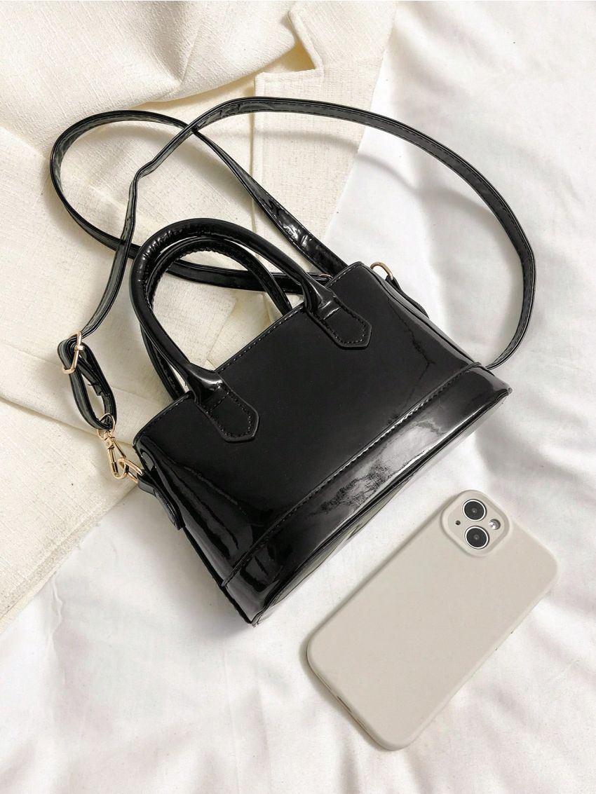 Mini Bucket Bag Double Handle With Zipper Black PU