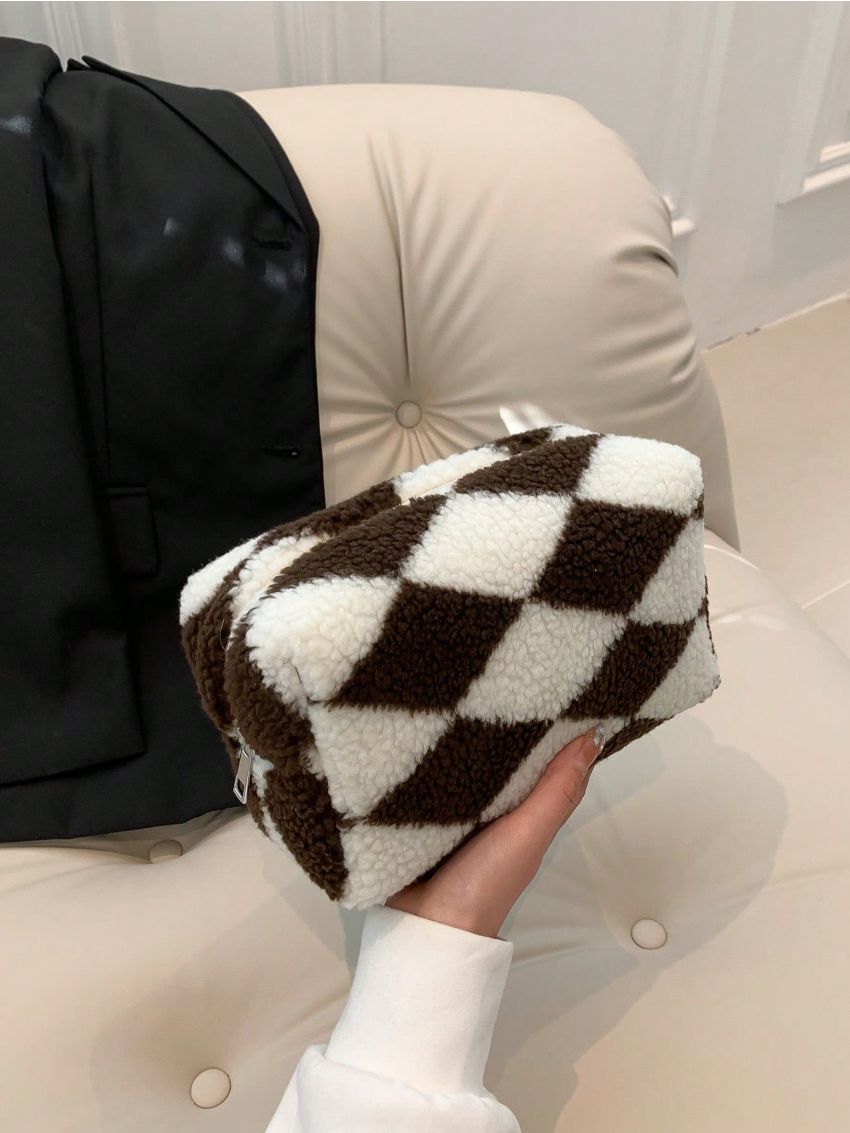 Fuzzy Square Bag Geometric Pattern With Zipper Polyester