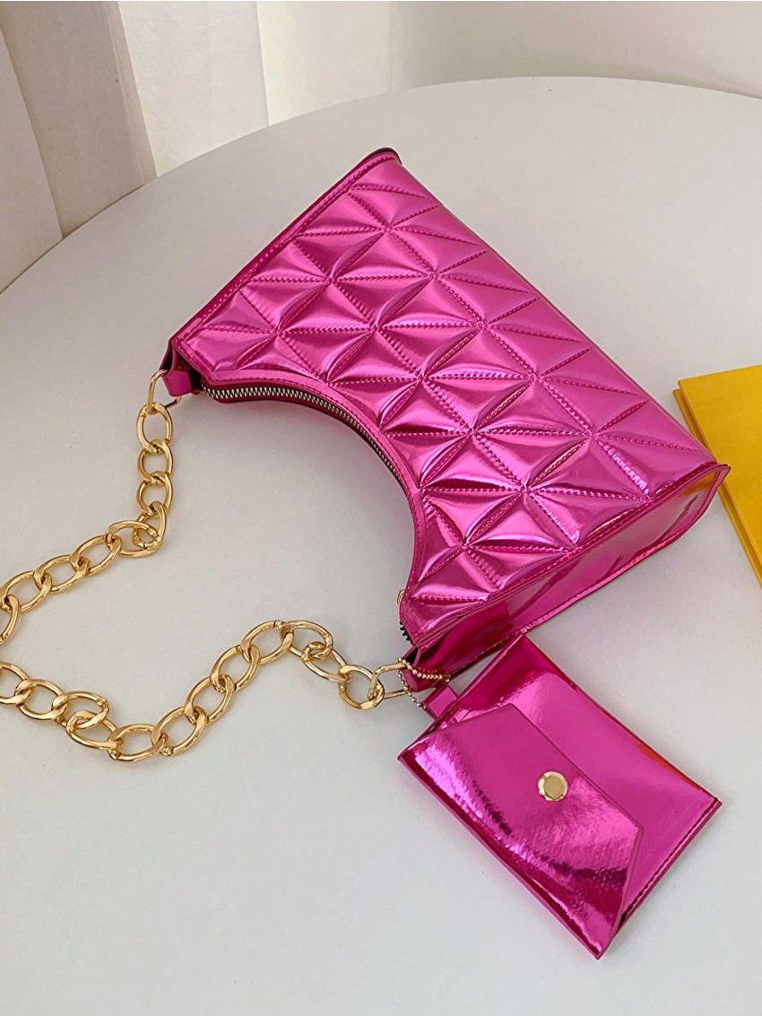Quilted Pattern Chain Baguette Bag With Small Pouch Funky