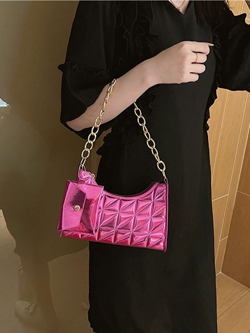 Quilted Pattern Chain Baguette Bag With Small Pouch Funky