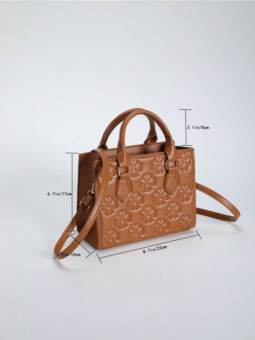Four-leaf Clover Embossed Square Bag Double Handle With Zipper PU