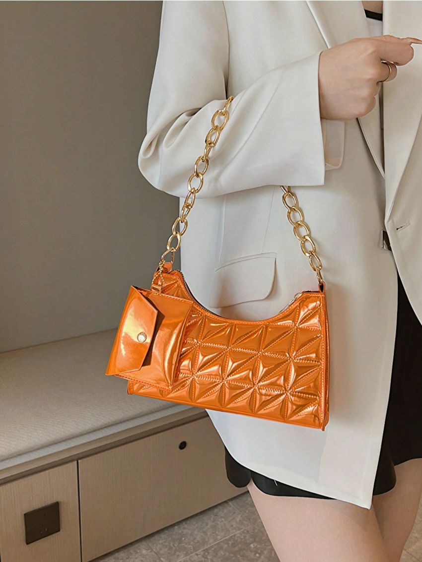 Quilted Baguette Bag Silver Funky With Coin Purse